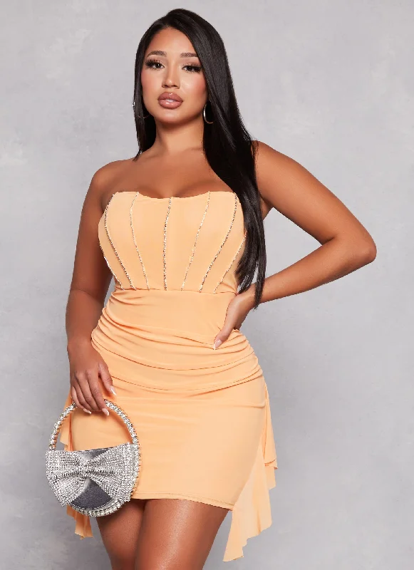 Weekend Offers Galore Rhinestone Ruched Corset Strapless Mini Dress