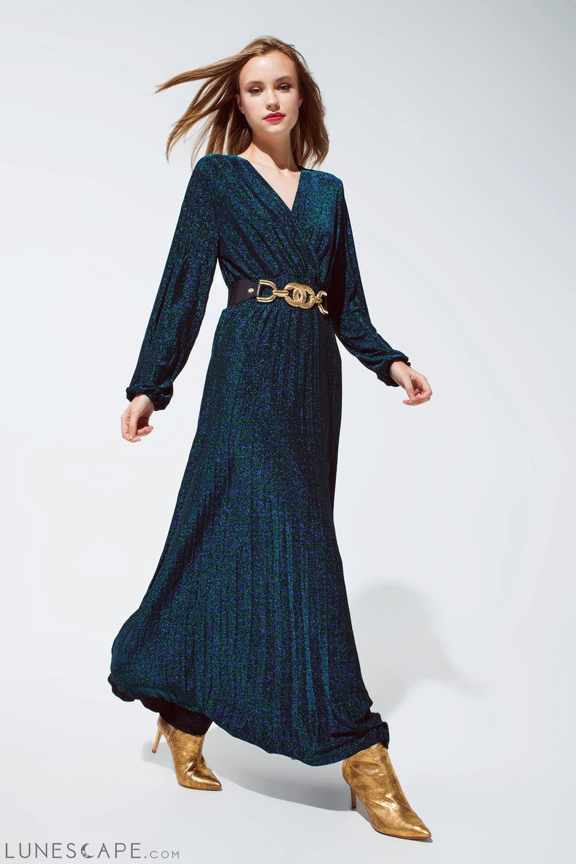 Weekend Markdown Madness Party Long Sleeve Maxi Dress With Glitter in Green