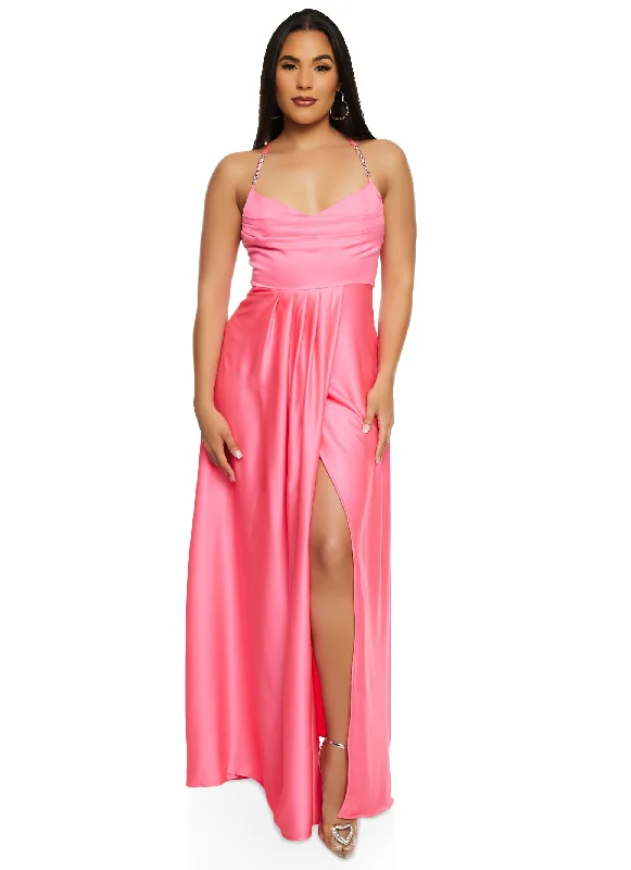 Final Clearance Haute Monde Rhinestone Strap Satin Maxi Dress
