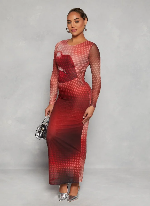 Special Offers Almost Famous Mesh Lip Graphic Maxi Dress