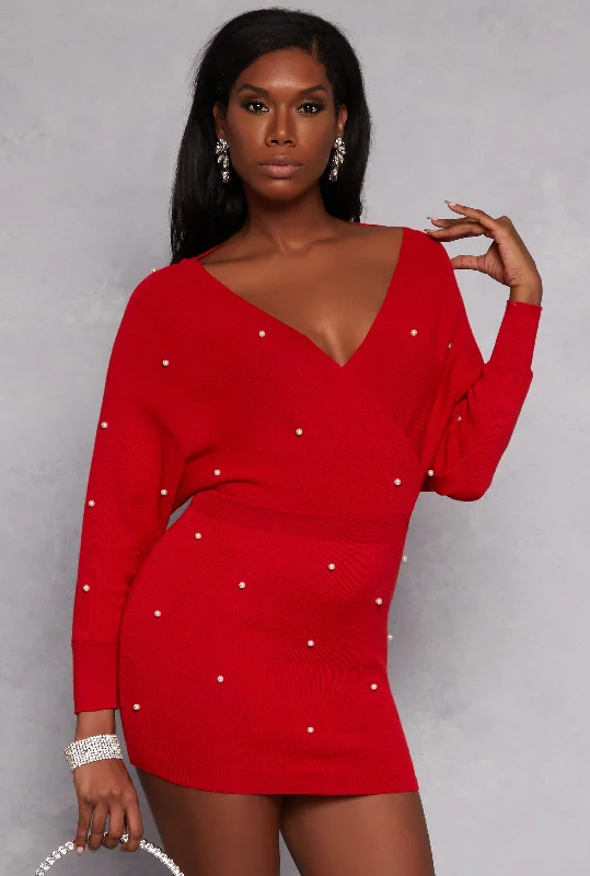 Weekend Savings Mania Faux Pearl Long Sleeve Mini Dress