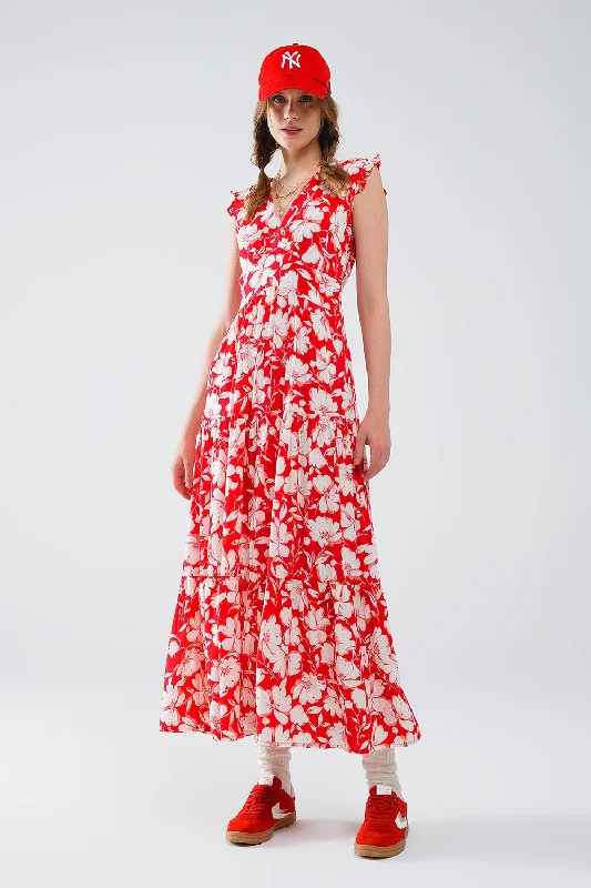 End-of-Season Sale Red Maxi Dress With Floral Print and V-Neck