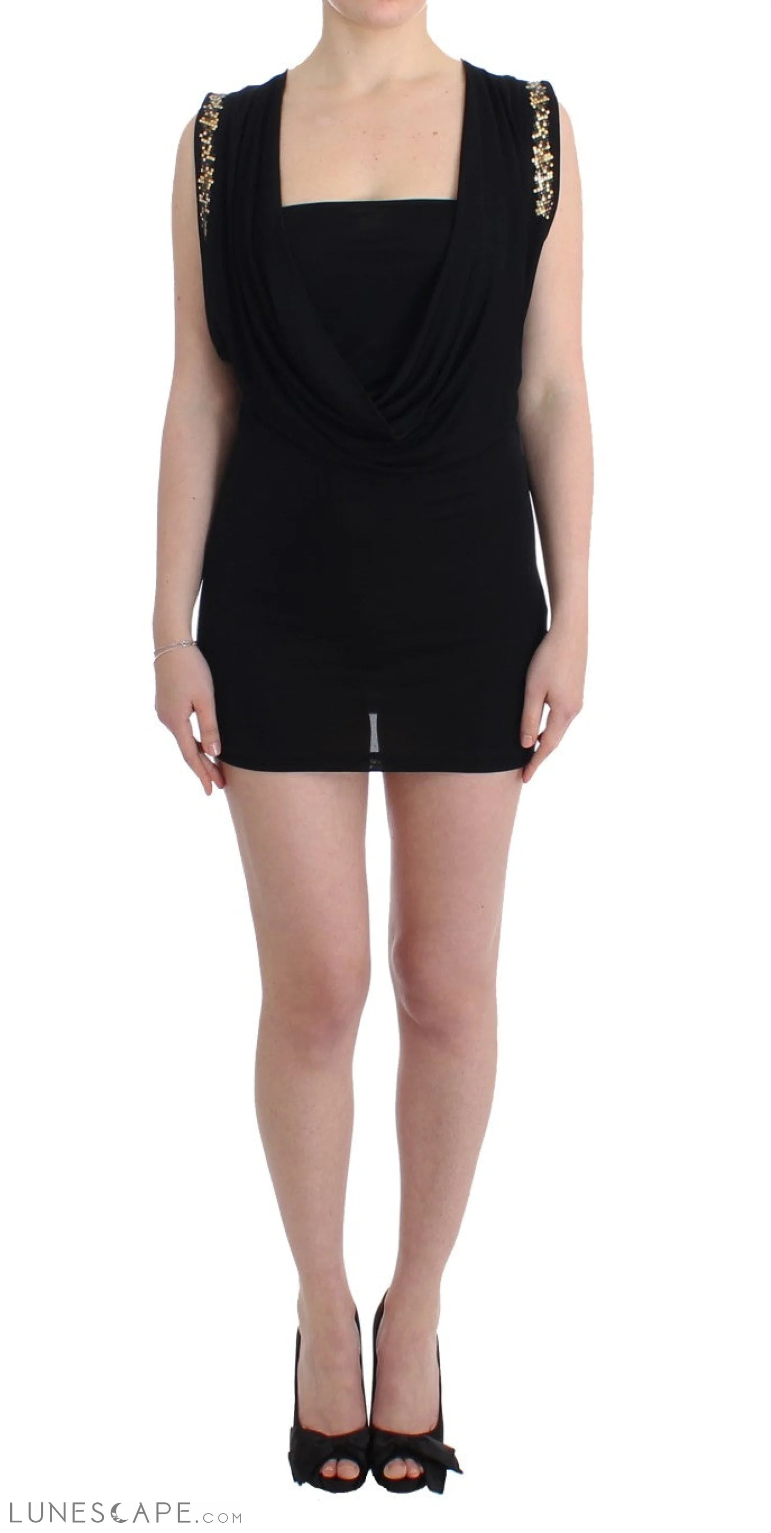 Weekend Special Offers Roccobarocco Elegant Sleeveless Black Mini Dress with Gold Details