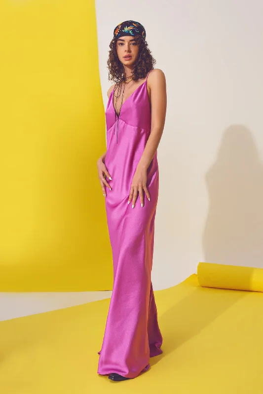 Big Discount Event Satin Maxi Dress With Spaghetti Straps in Fuchsia