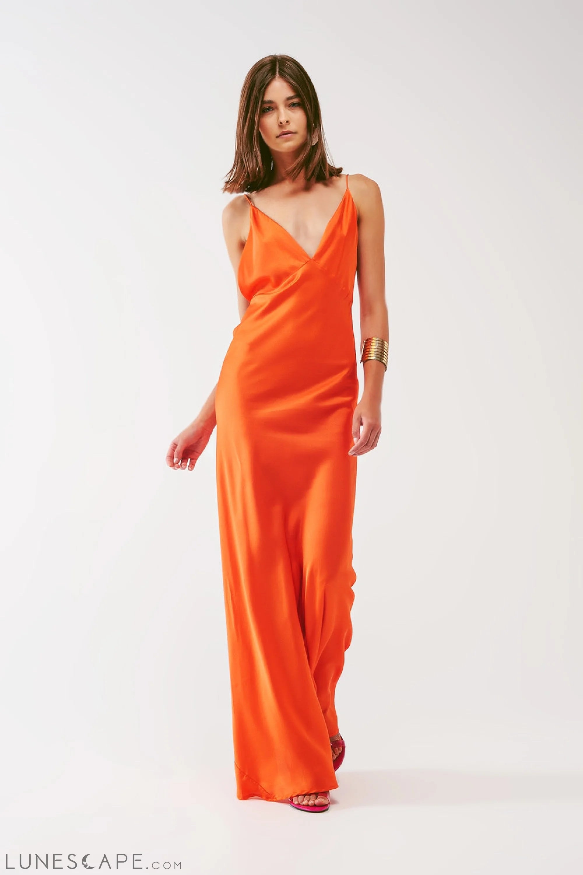 Weekend Mega Deals Satin Maxi Dress With Spaghetti Straps in Orange