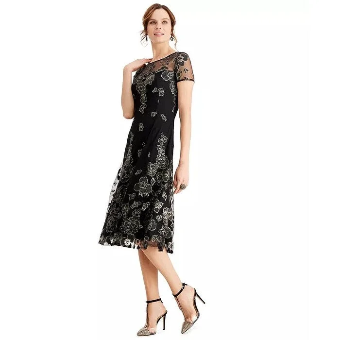 Weekend Shopping Fever SL Fashions Women's Metallic-Floral Midi Dress Black Size 12