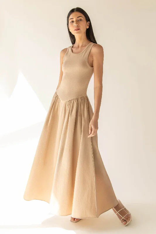 Weekend Discount Fest POPLIN RIB-KNIT DROP WAIST MIDI DRESS