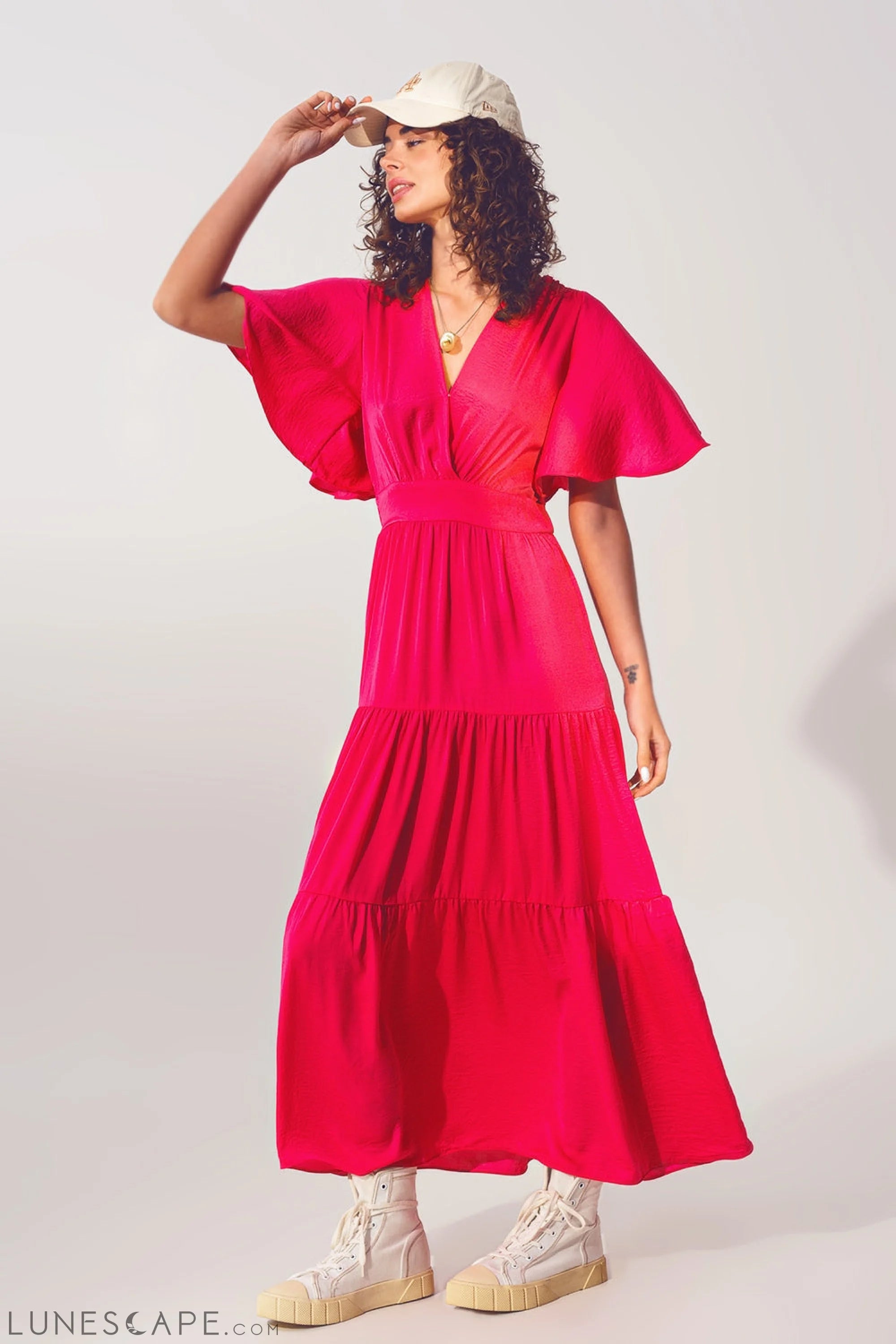 Weekend Discount Fest Smock v Neck Maxi Dress in Fucsia