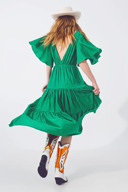 Shop & Save Big Smock v Neck Maxi Dress in Green