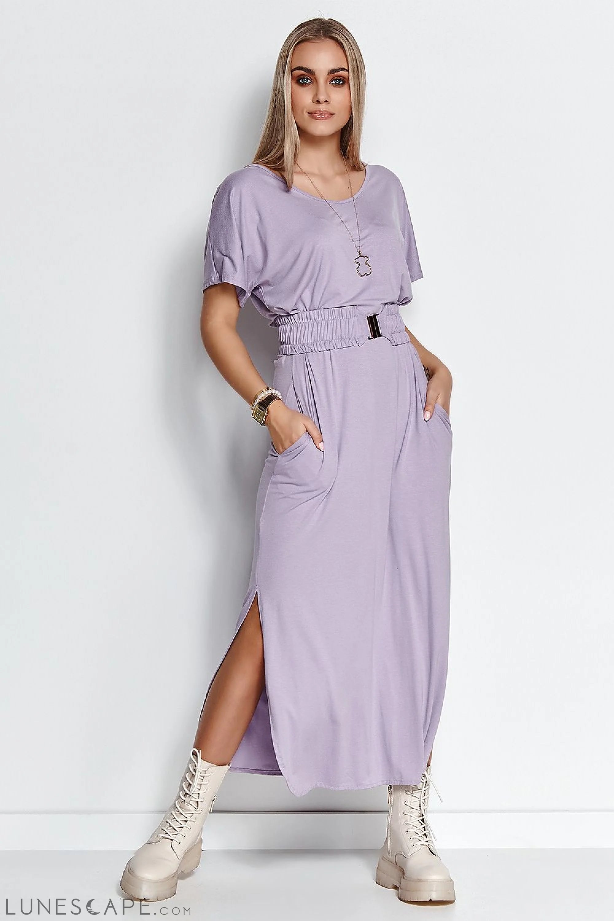 Weekend Steals and Deals Split-Side Short Sleeve Maxi Dress  Elastic Waist - Lavender