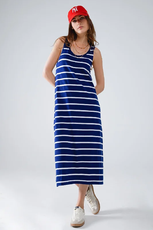 Hot Sale Items Tank Maxi Dress With Scoop Neck in Navy With White Stripes