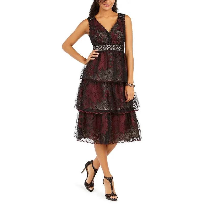 Weekend Sale Extravaganza Taylor Women's Dresses Tiered Lace Midi Dress Black Size 12