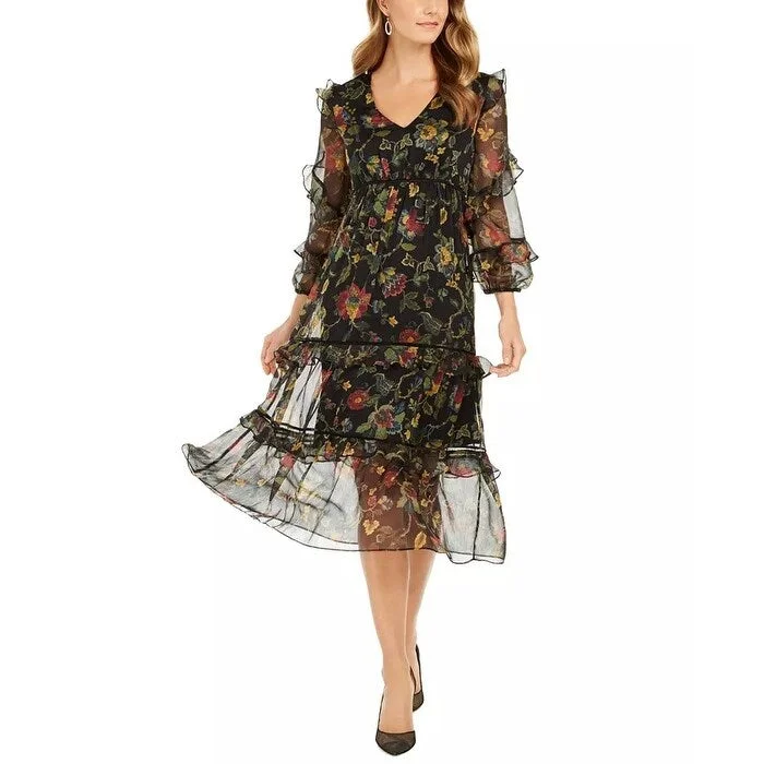 Weekend Flash Offers Taylor Women's Floral Print Chiffon Midi Dress Black Size 14