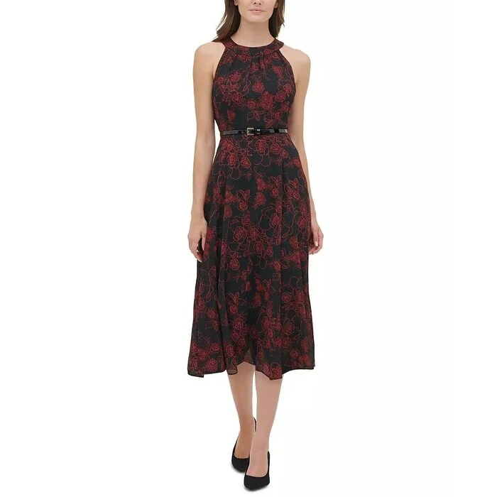 Final Sale Event Tommy Hilfiger Women's Belted Floral Print Chiffon Midi Dress Black Size 12 Final Sale Event Tommy Hilfiger Women's Belted Floral Print Chiffon Midi Dress Black Size 12