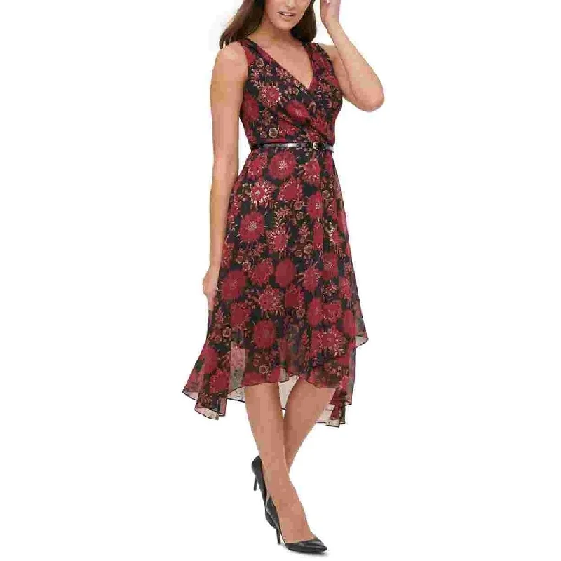 Get It Now Tommy Hilfiger Women's Burgundy Belted Floral Sleeveless V Neck Midi Sheath Dress Red Size 12