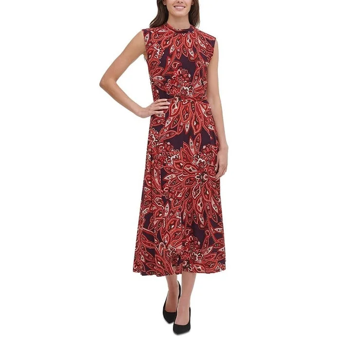 Unbeatable Offer Tommy Hilfiger Women's Jersey Printed MIDI Dress Wine Multi Size 2