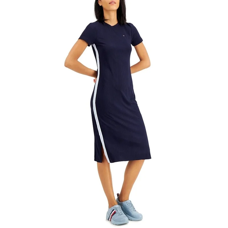 Weekend Price Breaks Tommy Jeans Women's Ribbed Midi Dress Navy Size Medium