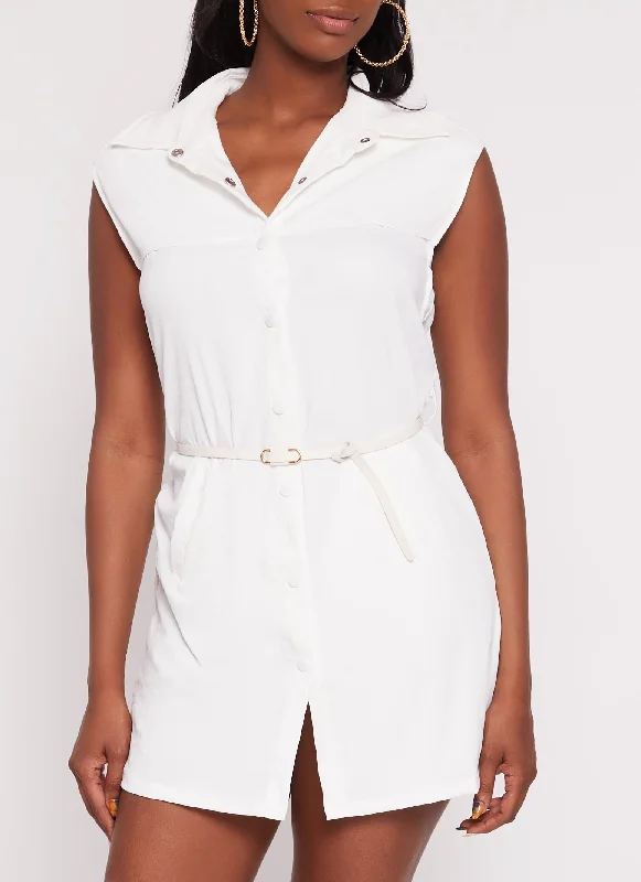 Weekend Sale Marathon Belted Sleeveless Snap Button Front Mini Dress