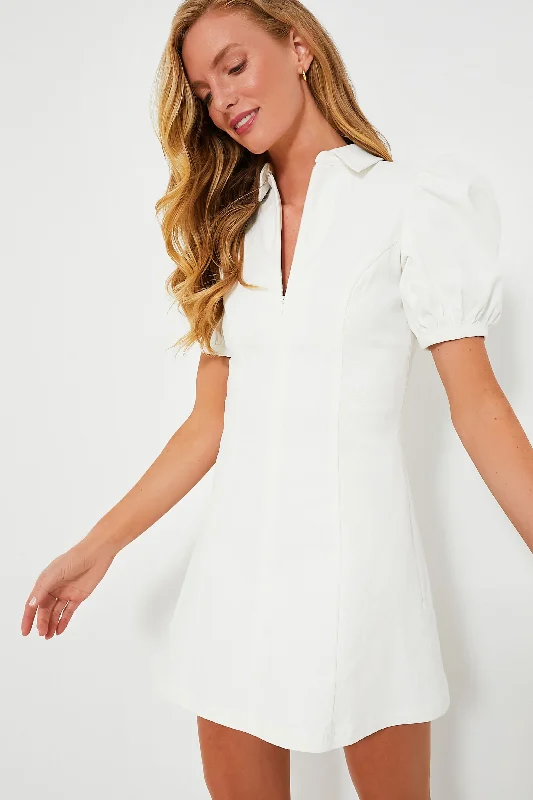 Weekend Sale Day White Front Zip Denim Mini Dress