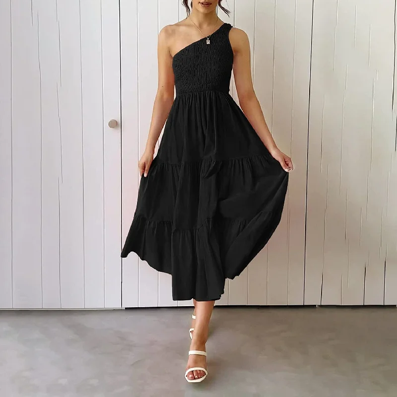 Hurry, Don’t Miss Out Womens One Shoulder Sleeveless Smocked Ruffle Tiered Beach Long Midi Dress Hurry, Don’t Miss Out Womens One Shoulder Sleeveless Smocked Ruffle Tiered Beach Long Midi Dress
