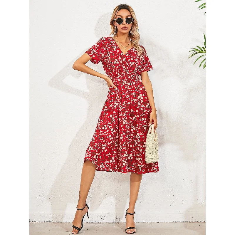 Exclusive Savings Women's V Neck Casual Boho Loose Midi Dress