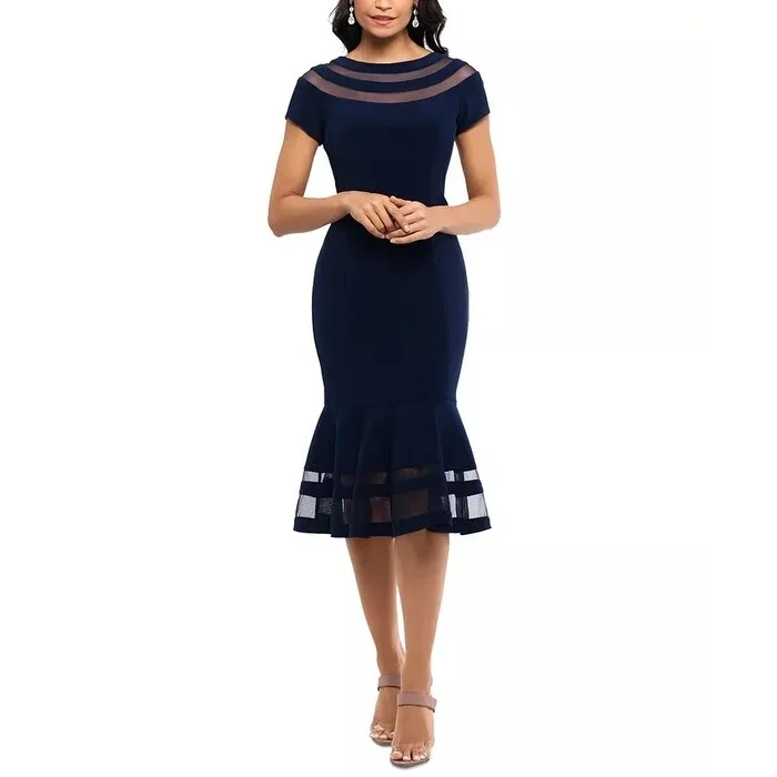 Weekend Savings Bonanza XSCAPE Women's Illusion Trim Midi Dress Navy Size 4