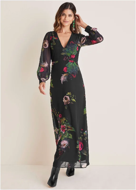 Weekend Hot Prices V-Neck Floral Maxi Dress - Black Multi