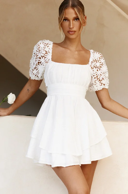 Shop & Save Today Abby Lace Puff Sleeve Tie-Up Back Dress White