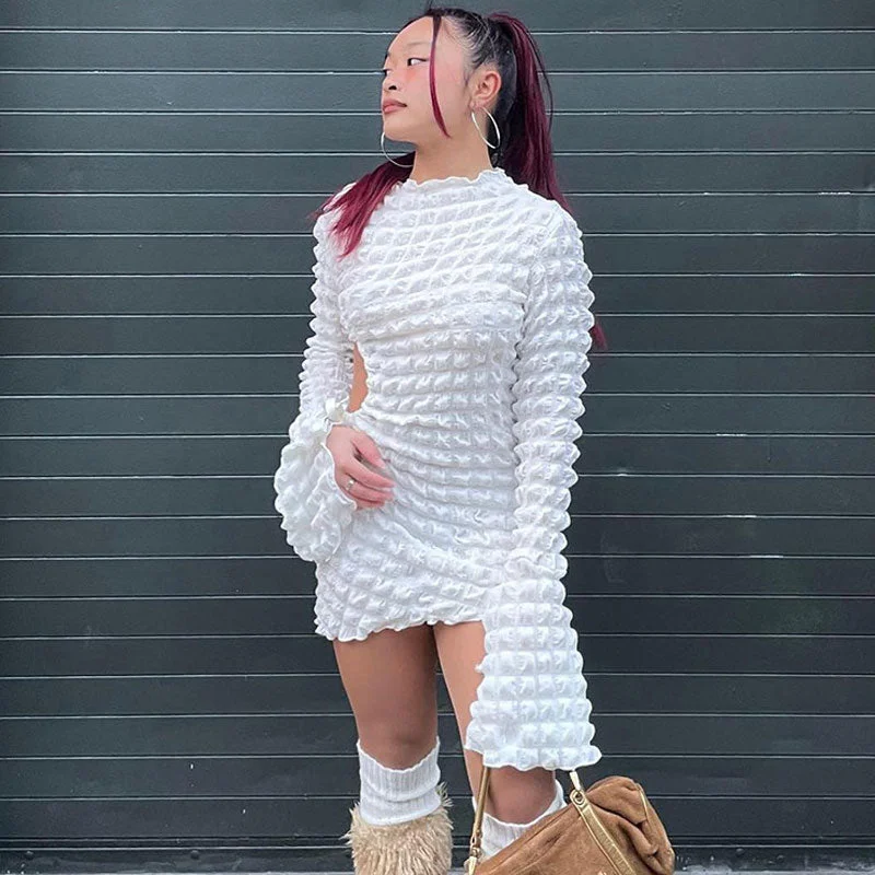 Weekend Discount Blast Adorable Popcorn Texture Cut Out Long Sleeve Bodycon Mini Dress - White