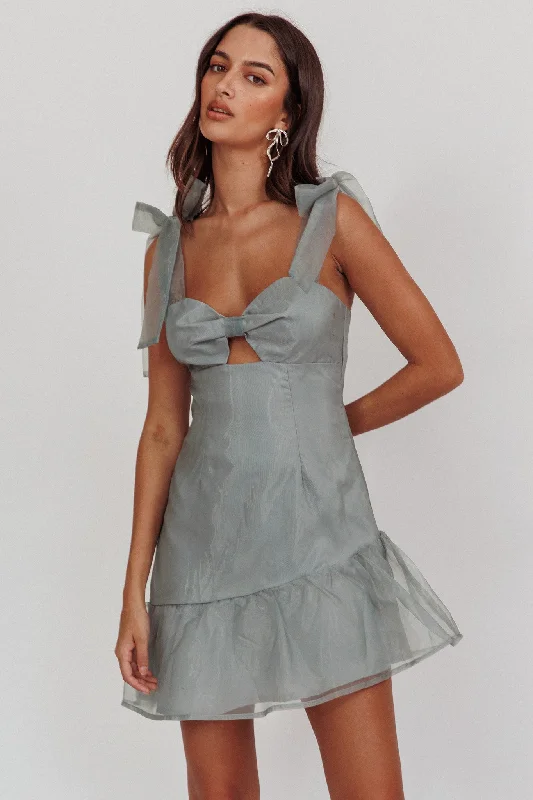 Weekend Discount Fest Alexia Bow Shoulder Ruffle Hem Mini Dress Sage