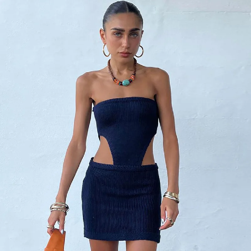 Weekend Shopping Rush Alluring Rib Knit Cut Out Bodycon Strapless Mini Dress - Navy Blue