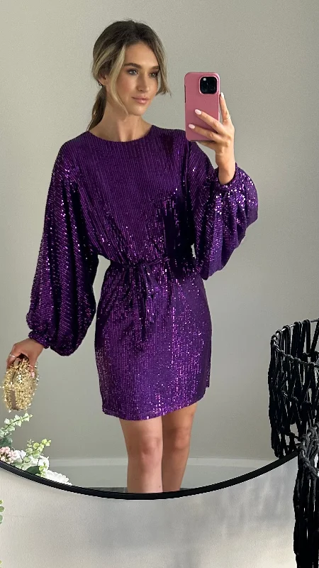Instant Savings Alyona Purple Sequin Wide Sleeve Mini Dress