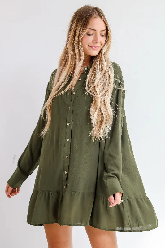 Hurry, Don’t Miss Out Approachably Adorable Olive Button Front Mini Dress