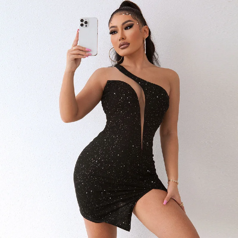 Weekend Sale Frenzy Mesh Panel Side Split One Shoulder Bodycon Mini Dress -