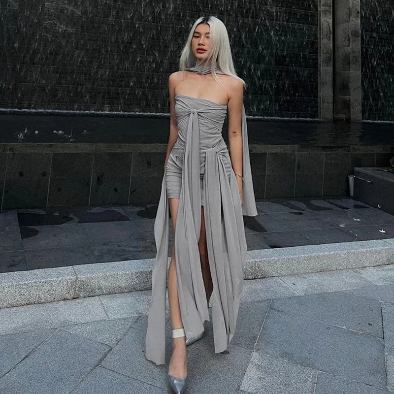 Exclusive Weekly Sale Ruched Mesh Tie Front Strapless Bodycon Mini Dress - Gray