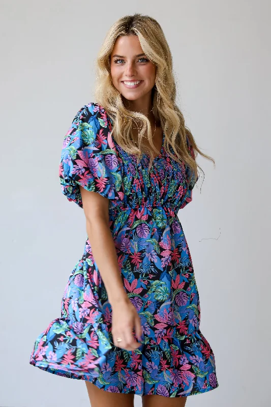 Weekend Buy One Get One FINAL SALE - Bahama Beauty Blue Leaf Print Mini Dress