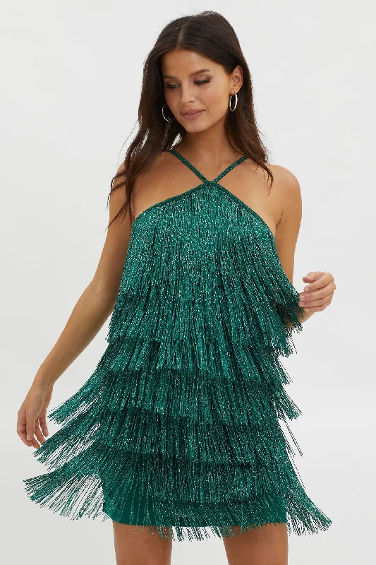 Boulevarde Fringe Trim Mini Dress Dark Green