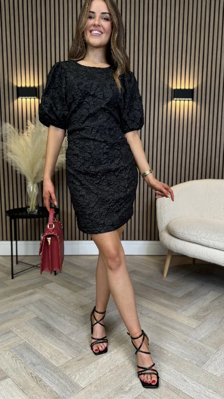 Today's Offer Breanna Black Floral Jacquard Puff Sleeves Dress