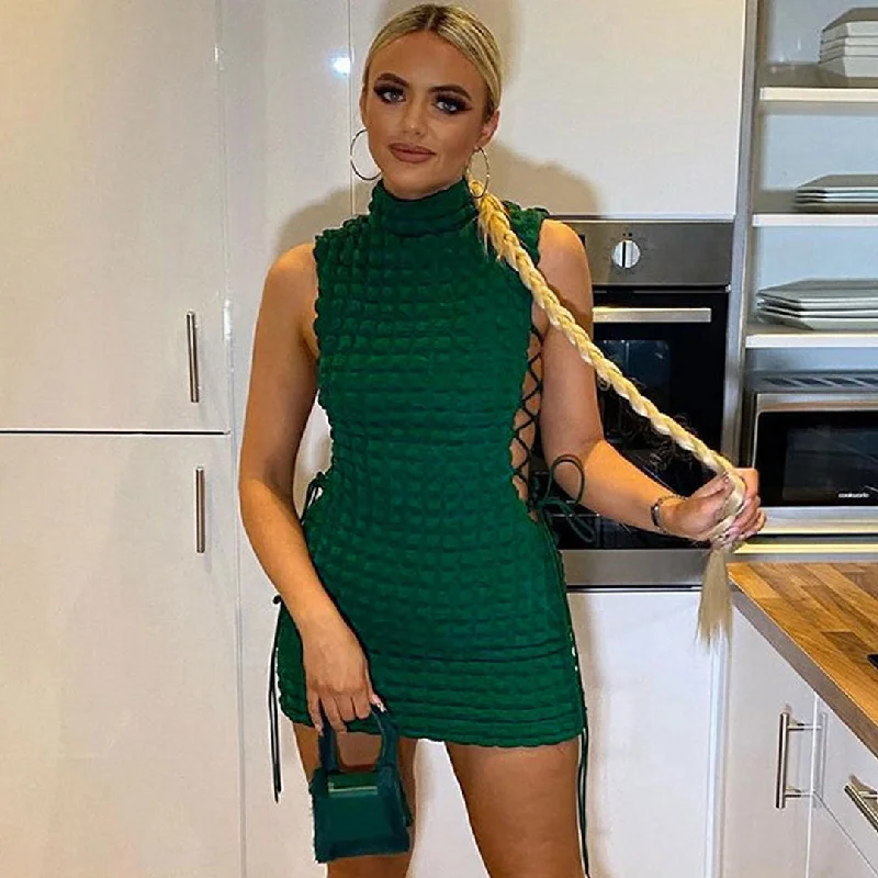 Today's Offer Check Effect Mock Neck Lace Up Cutout Club Mini Dress - Emerald Green
