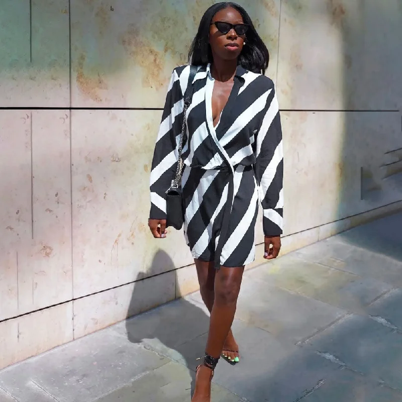 Massive Discounts Diagonal Stripe Print Shoulder Pad Deep V Wrap Mini Dress - Black