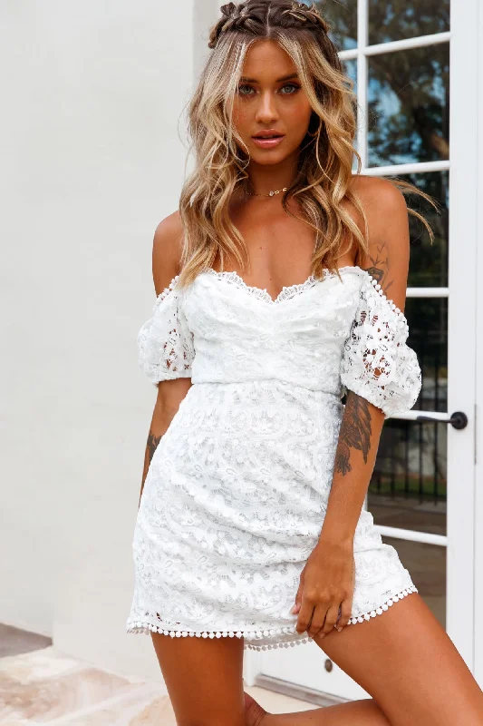 Weekend Massive Discounts Costa Mesa Puff Sleeve Lace Overlay Dress White
