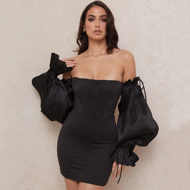 Flash Discounts Cute Off Shoulder Puff Sleeve Bodycon Party Mini Dress - Black