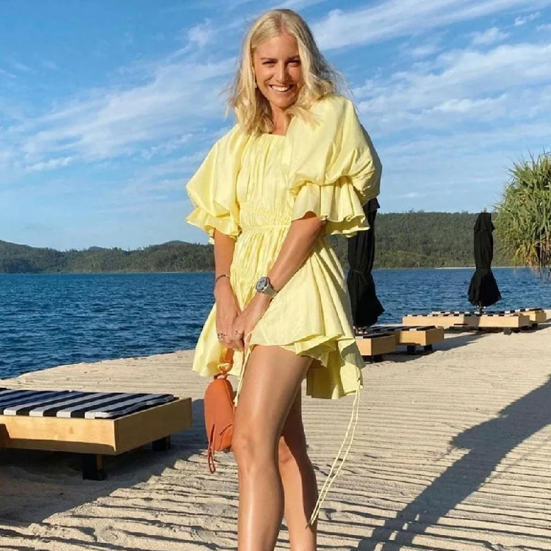 Weekend Super Sale Alert Cute Puff Sleeve Tied Ruffle Babydoll Mini Dress - Yellow