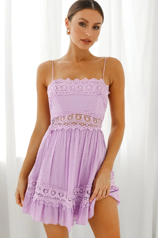 Weekend Price Drops Desert Nights Crochet Lace Trim Tied Back Sun Dress Lilac