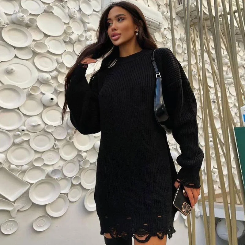 Weekend Price Drops Distressed Trim Pullover Sweater Mini Dress - Black