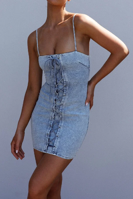 One-Stop Shop Sale Don't Try Me Lace Up Mini Dress Denim