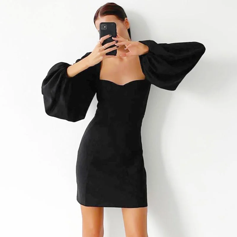 Special Shopping Event Bishop Sleeve Sweetheart Neck Bodycon Party Mini Dress - Black Special Shopping Event Bishop Sleeve Sweetheart Neck Bodycon Party Mini Dress - Black
