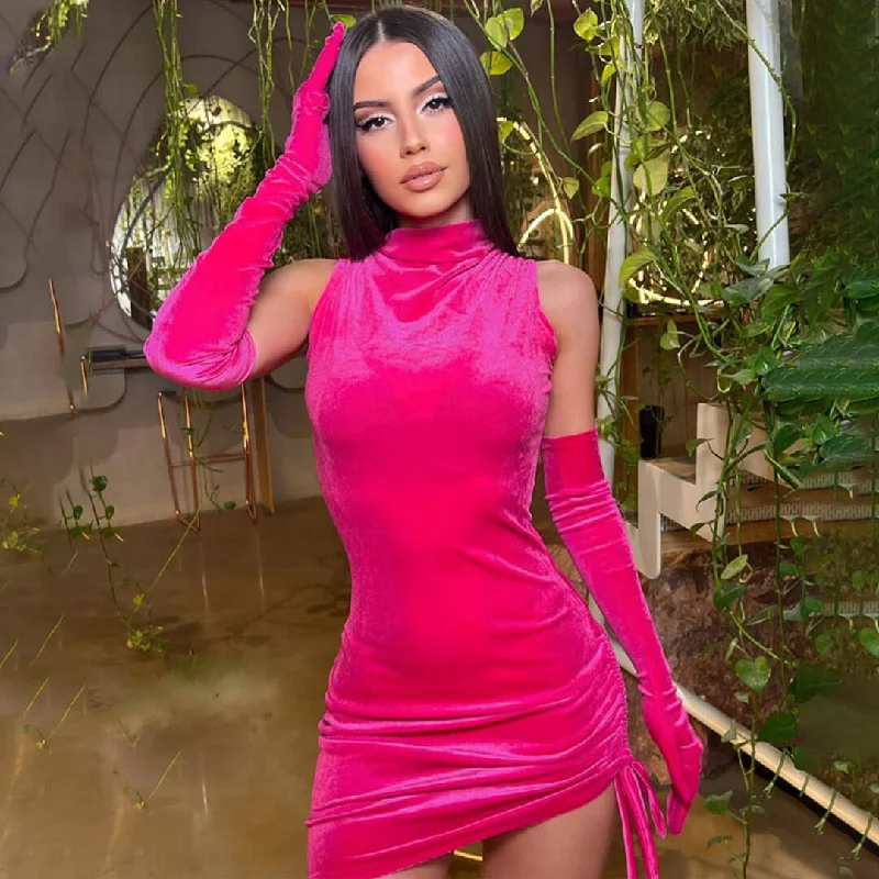 Grab Your Deal High Neck Ruched Bodycon Party Mini Dress - Hot Pink