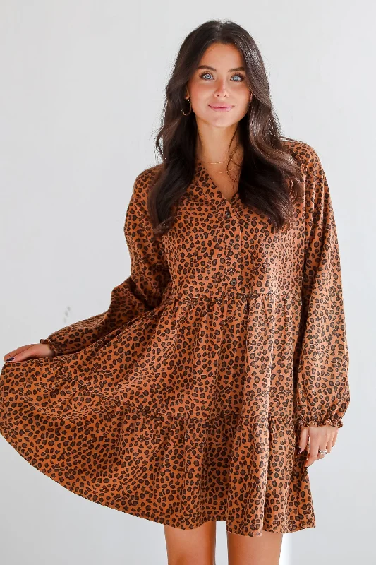 Weekend Shopping Spree Fierce Charm Camel Leopard Tiered Mini Dress
