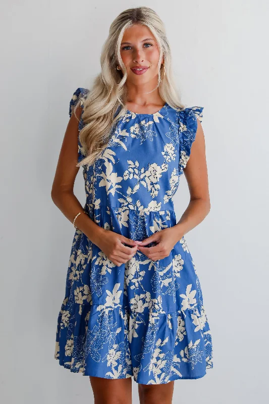 Weekend Shop Now Flirtatious Poise Blue Floral Tiered Mini Dress